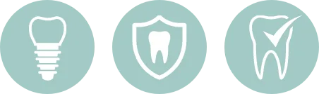 Dr David Côté signage icons: implant, protected tooth and checked tooth