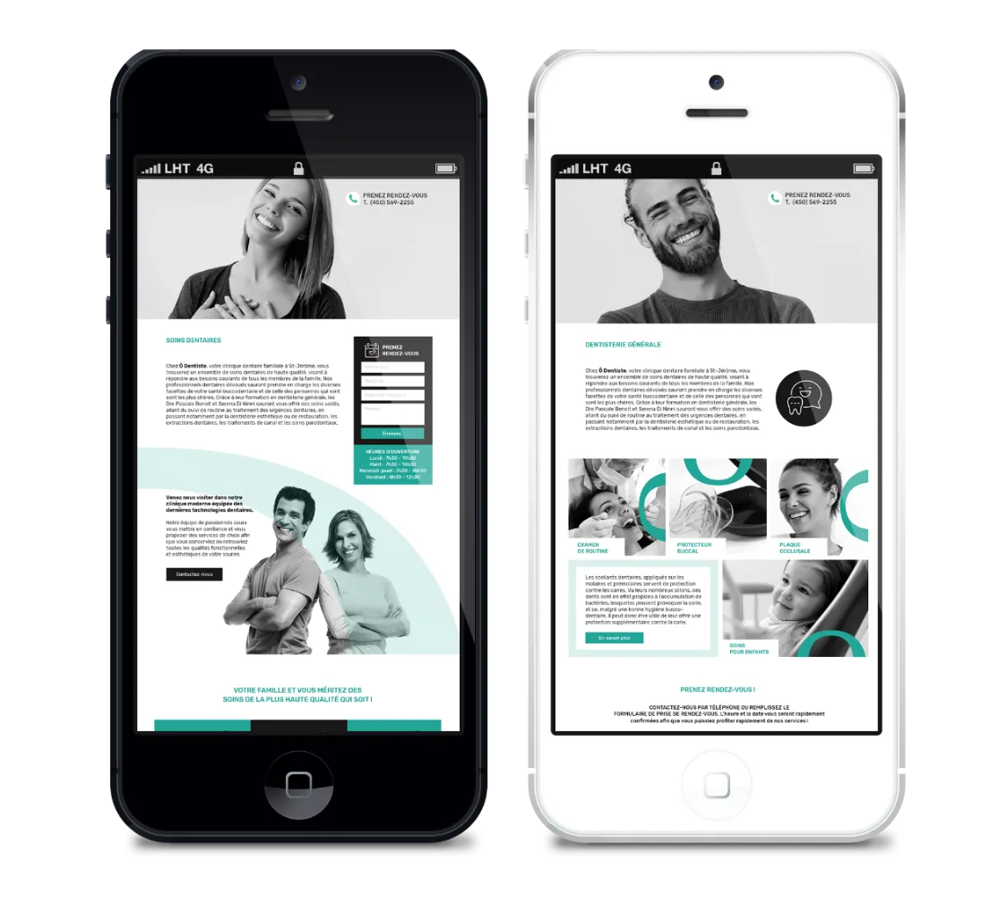 Centre dentaire Ô Dentiste web pages on two phones