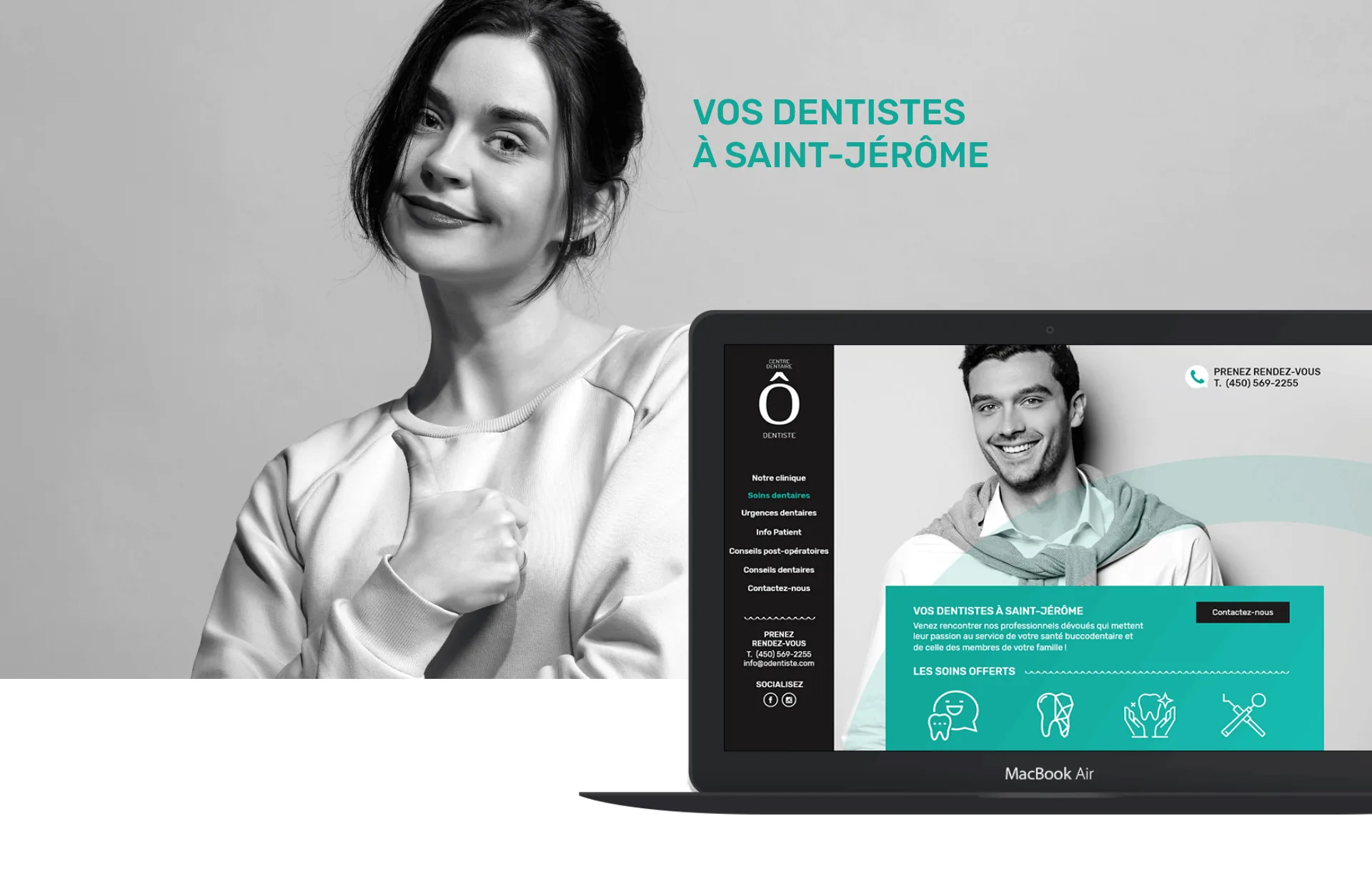 Centre dentaire Ô Dentiste website on a laptop, woman giving a thumbs-up